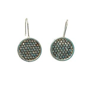 Vintage Polka Dots Circle Dangle Button Earrings Silver Tone Hooks